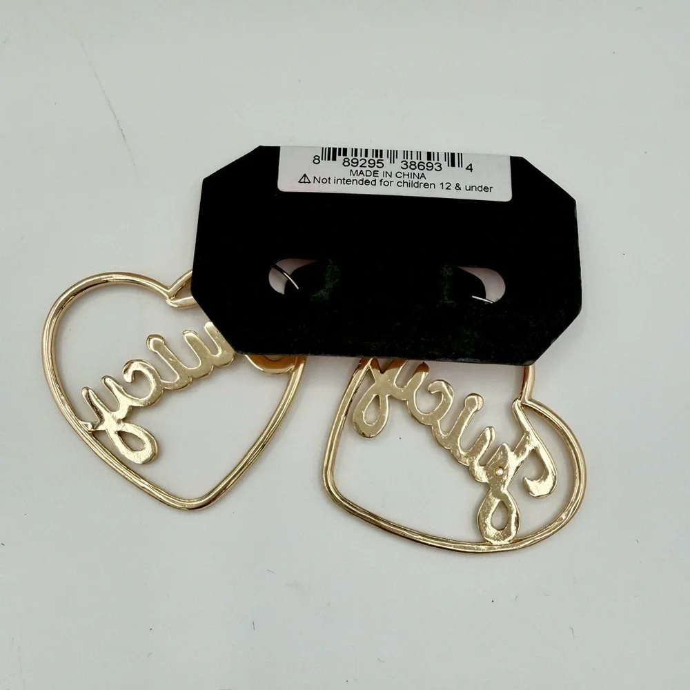 Juicy Couture‎ Gold Heart Hoop Earrings “Juicy” Script Rhinestone NWT Y2K